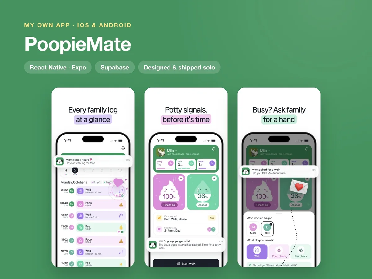 PoopieMate: React Native (Expo) Dog-Care App, Designed & Built Solo