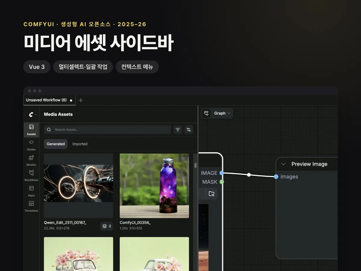 ComfyUI 미디어 에셋 사이드바 – 생성 이미지·영상·오디오 관리 기능
